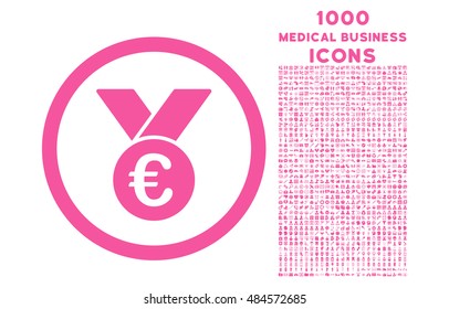 Euro Prize Medal rounded vector icon with 1000 medical business icons. Set style is flat pictograms, pink color, white background.