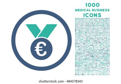 Euro Prize Medal rounded vector bicolor icon with 1000 medical business icons. Set style is flat pictograms, cobalt and cyan colors, white background.