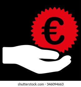 Euro Prize Offer vector icon. Style is bicolor flat symbol, red and white colors, rounded angles, black background.