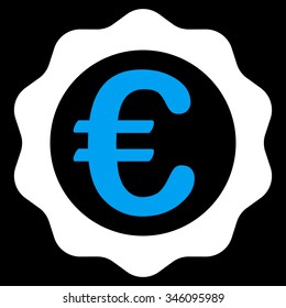 Euro Prize Stamp vector icon. Style is bicolor flat symbol, blue and white colors, rounded angles, black background.