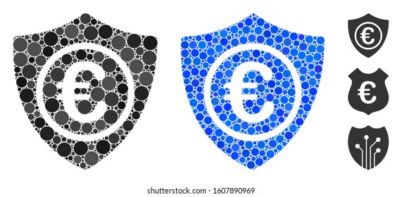 Euro protection mosaic of round dots in different sizes and color tints, based on Euro protection icon. Vector round dots are combined into blue mosaic.