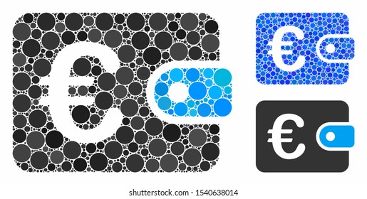 Euro purse composition of circle elements in different sizes and color tones, based on Euro purse icon. Vector round elements are united into blue composition.