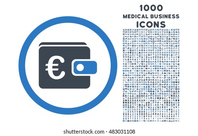 Euro Purse rounded vector bicolor icon with 1000 medical business icons. Set style is flat pictograms, smooth blue colors, white background.
