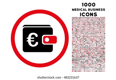 Euro Purse rounded vector bicolor icon with 1000 medical business icons. Set style is flat pictograms, intensive red and black colors, white background.