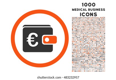 Euro Purse rounded vector bicolor icon with 1000 medical business icons. Set style is flat pictograms, orange and gray colors, white background.