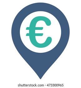 Euro Pushpin icon. Vector style is bicolor flat iconic symbol with rounded angles, cobalt and cyan colors, white background.