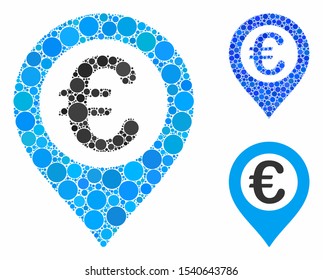 Euro pushpin mosaic of small circles in variable sizes and color tinges, based on Euro pushpin icon. Vector small circles are grouped into blue mosaic.