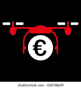 Euro Quadcopter Payment vector icon. Style is bicolor flat symbol, red and white colors, rounded angles, black background.