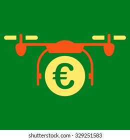 Euro Quadcopter Payment vector icon. Style is bicolor flat symbol, orange and yellow colors, rounded angles, green background.