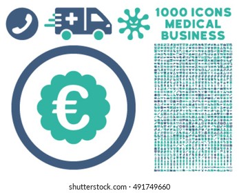 Euro Quality Seal icon with 1000 medical commerce cobalt and cyan vector design elements. Design style is flat bicolor symbols, white background.