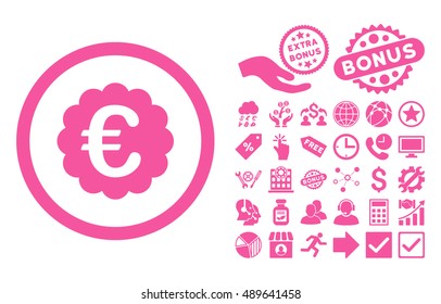 Euro Quality Seal icon with bonus clip art. Vector illustration style is flat iconic symbols, pink color, white background.