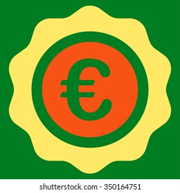 Euro Quality Seal vector icon. Style is bicolor flat symbol, orange and yellow colors, rounded angles, green background.