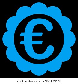 Euro Quality Stamp vector icon. Style is flat symbol, blue color, rounded angles, black background.