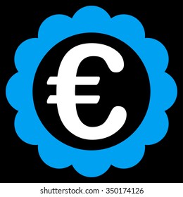 Euro Quality Stamp vector icon. Style is bicolor flat symbol, blue and white colors, rounded angles, black background.