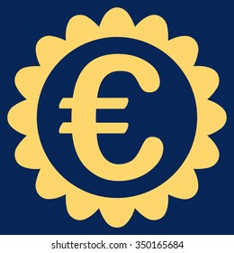 Euro Quality vector icon. Style is flat symbol, yellow color, rounded angles, blue background.