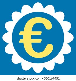 Euro Quality vector icon. Style is bicolor flat symbol, yellow and white colors, rounded angles, blue background.