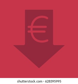 Euro rate falling glyph color icon. Silhouette symbol. European Union currency with down arrow. Negative space. Vector isolated illustration