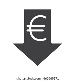 Euro rate falling glyph icon. Silhouette symbol. European Union currency with down arrow. Negative space. Vector isolated illustration