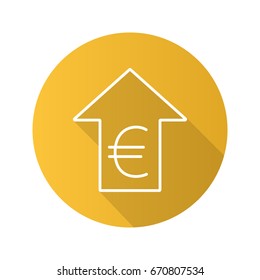 Euro rate rising flat linear long shadow icon. European Union currency with up arrow. Vector outline symbol