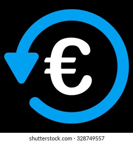 Euro Rebate vector icon. Style is bicolor flat symbol, blue and white colors, rounded angles, black background.