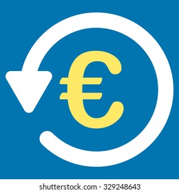 Euro Rebate vector icon. Style is bicolor flat symbol, yellow and white colors, rounded angles, blue background.