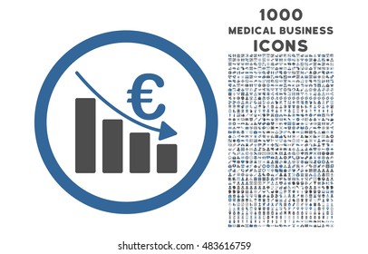 Euro Recession rounded vector bicolor icon with 1000 medical business icons. Set style is flat pictograms, cobalt and gray colors, white background.