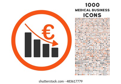 Euro Recession rounded vector bicolor icon with 1000 medical business icons. Set style is flat pictograms, orange and gray colors, white background.