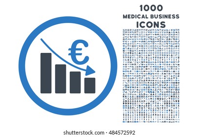 Euro Recession rounded vector bicolor icon with 1000 medical business icons. Set style is flat pictograms, smooth blue colors, white background.