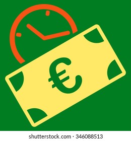 Euro Recurring Payment vector icon. Style is bicolor flat symbol, orange and yellow colors, rounded angles, green background.