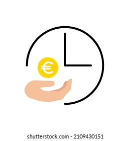 icono del vector de pagos recurrentes del euro, símbolo plano bicolor en negro y amarillo, fondo blanco, dinero en mano