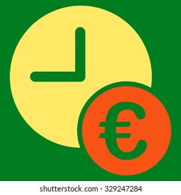 Euro Recurring Payments vector icon. Style is bicolor flat symbol, orange and yellow colors, rounded angles, green background.