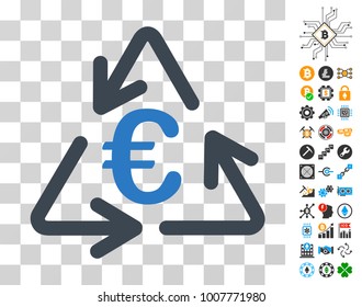 Euro Recycling icon with bonus bitcoin mining and blockchain pictograms. Vector illustration style is flat iconic symbols. Designed for cryptocurrency websites.