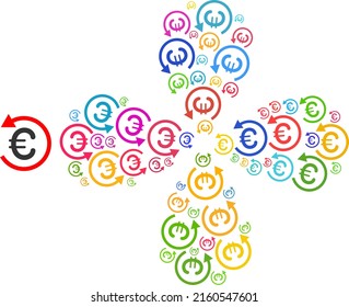 Euro-Rückerstattungssymbol farbige Explosionsblume mit vier Blütenblättern. Elementblume mit 4 Blütenblättern kombiniert aus zufälligen Euro-Rückerstattungsikonen. Vektorblumensymbol-Collage im flachen Stil.