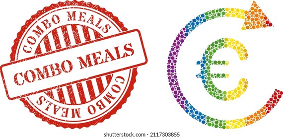Icono de la composición de la remuneración en euros de los puntos de círculo en diferentes tamaños y matices de color de espectro. Sello rojo redondeado con texto Combo Comals. Un retribución en euros salpicada de colores LGBT para las lesbianas,