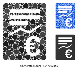 Euro report composition of filled circles in variable sizes and color hues, based on Euro report icon. Vector small circles are combined into blue composition.