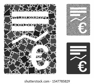 Euro report composition of ragged items in different sizes and color tones, based on Euro report icon. Vector ragged pieces are united into composition. Euro report icons collage with dotted pattern.