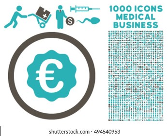 Euro Reward Seal icon with 1000 medical commerce grey and cyan vector design elements. Collection style is flat bicolor symbols, white background.