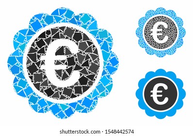 Euro reward seal mosaic of joggly parts in different sizes and shades, based on Euro reward seal icon. Vector raggy parts are combined into mosaic. Euro reward seal icons collage with dotted pattern.