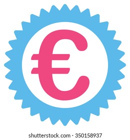 Euro Reward Stamp vector icon. Style is bicolor flat symbol, pink and blue colors, rounded angles, white background.