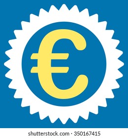 Euro Reward Stamp vector icon. Style is bicolor flat symbol, yellow and white colors, rounded angles, blue background.