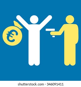 Euro Robbery vector icon. Style is bicolor flat symbol, yellow and white colors, rounded angles, blue background.