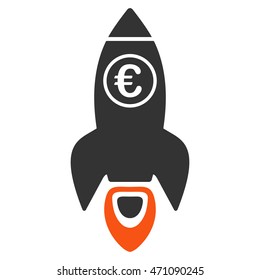 Euro Rocket Launch icon. Vector style is bicolor flat iconic symbol with rounded angles, orange and gray colors, white background.