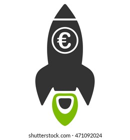 Euro Rocket Launch icon. Vector style is bicolor flat iconic symbol with rounded angles, eco green and gray colors, white background.