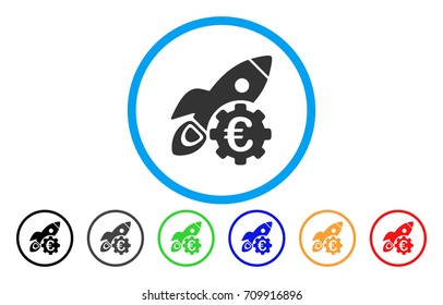 Euro Rocket Science rounded icon. Vector illustration style is a gray flat iconic euro rocket science symbol inside a circle. Additional color variants are black, gray, green, blue, red, orange.