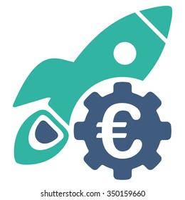Euro Rocket Science vector icon. Style is bicolor flat symbol, cobalt and cyan colors, rounded angles, white background.