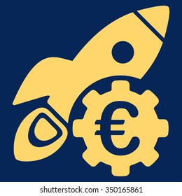 Euro Rocket Science vector icon. Style is flat symbol, yellow color, rounded angles, blue background.