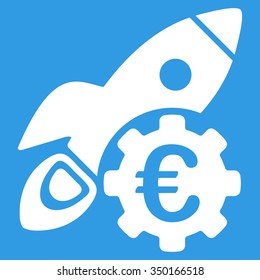 Euro Rocket Science vector icon. Style is flat symbol, white color, rounded angles, blue background.