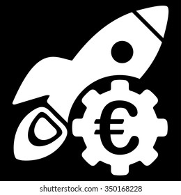 Euro Rocket Science vector icon. Style is flat symbol, white color, rounded angles, black background.