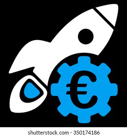 Euro Rocket Science vector icon. Style is bicolor flat symbol, blue and white colors, rounded angles, black background.