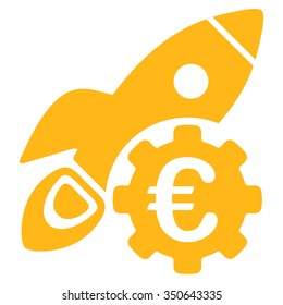 Euro Rocket Science vector icon. Style is flat symbol, yellow color, rounded angles, white background.